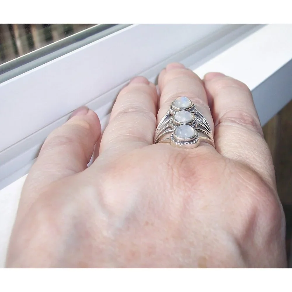 925 STERLING SILVER Genuine Rainbow Moonstone Statement Ring - Picture 4 of 14